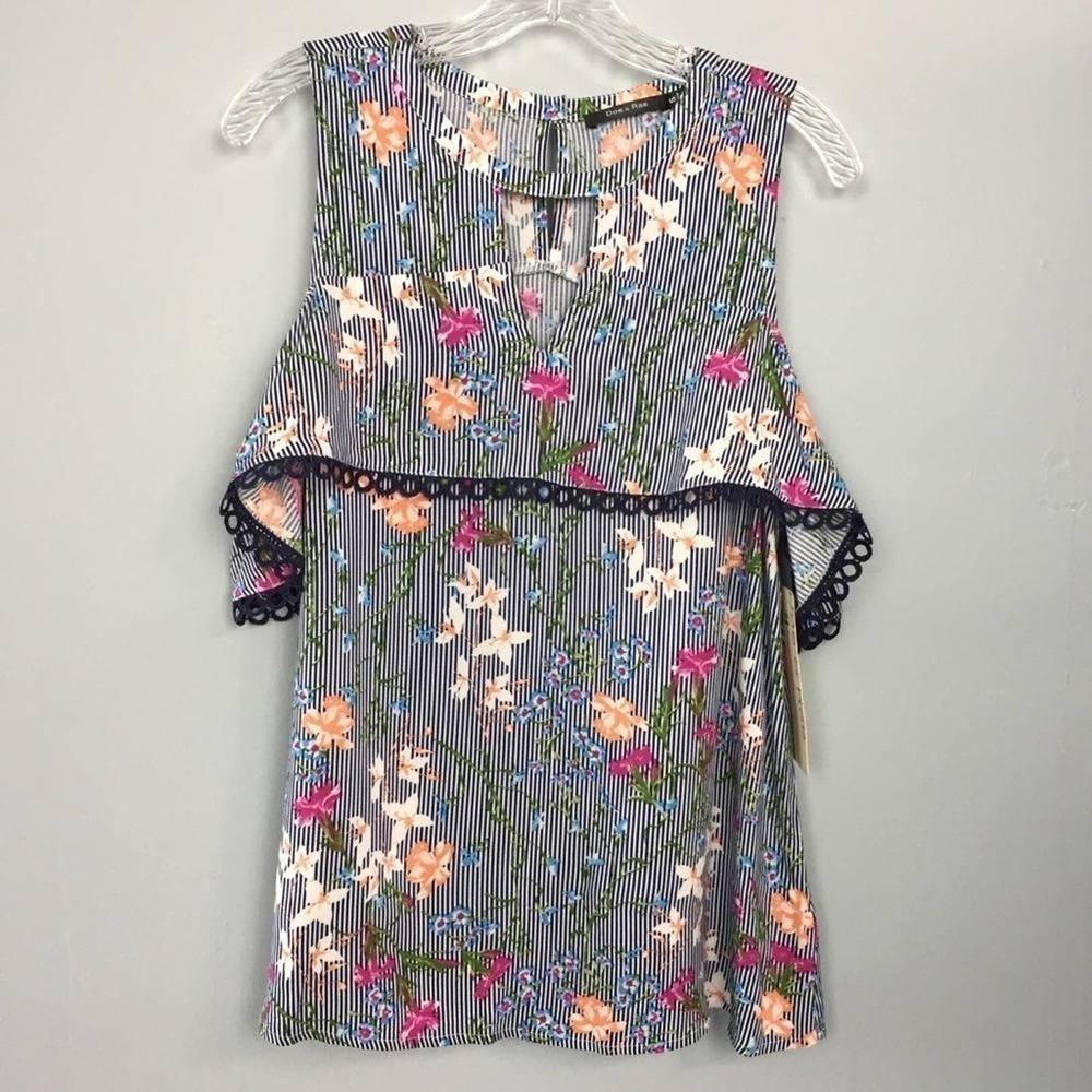 𝅺doe & Rae Cold Shoulder Flounce Navy Blue Striped Floral Top Women’s Size S